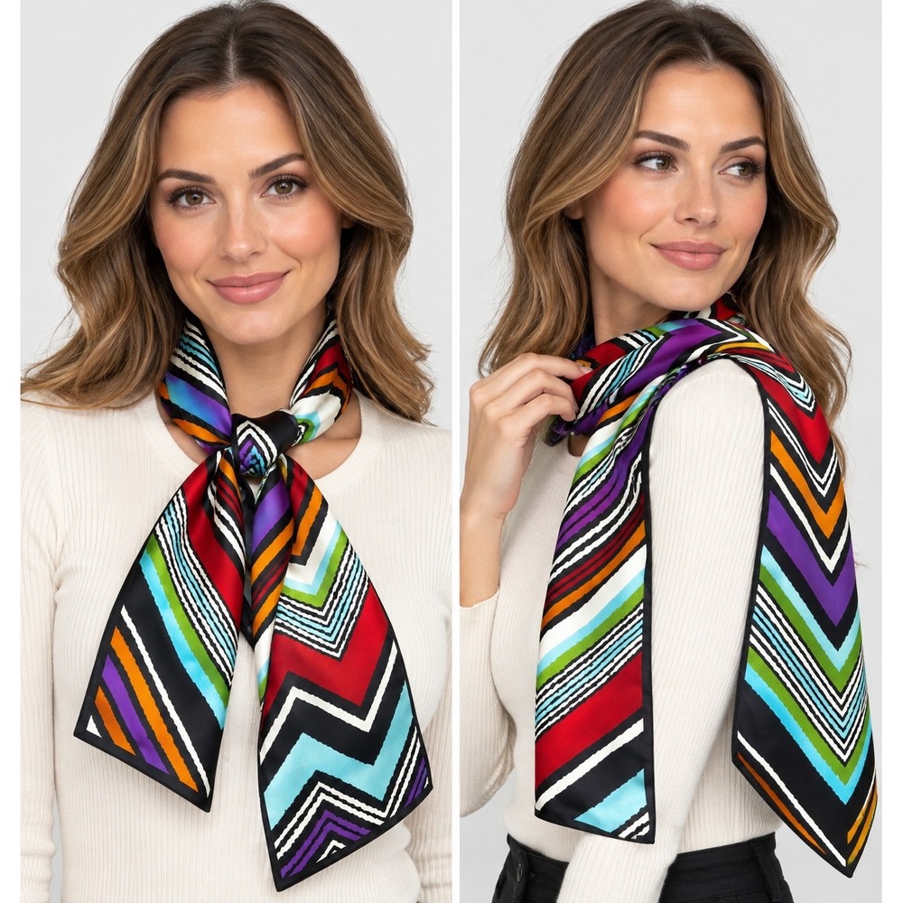 Talbots 100% Silk Scarf Oblong Chevron Zig Zag Multi Color Red Purple 60x12 NWT